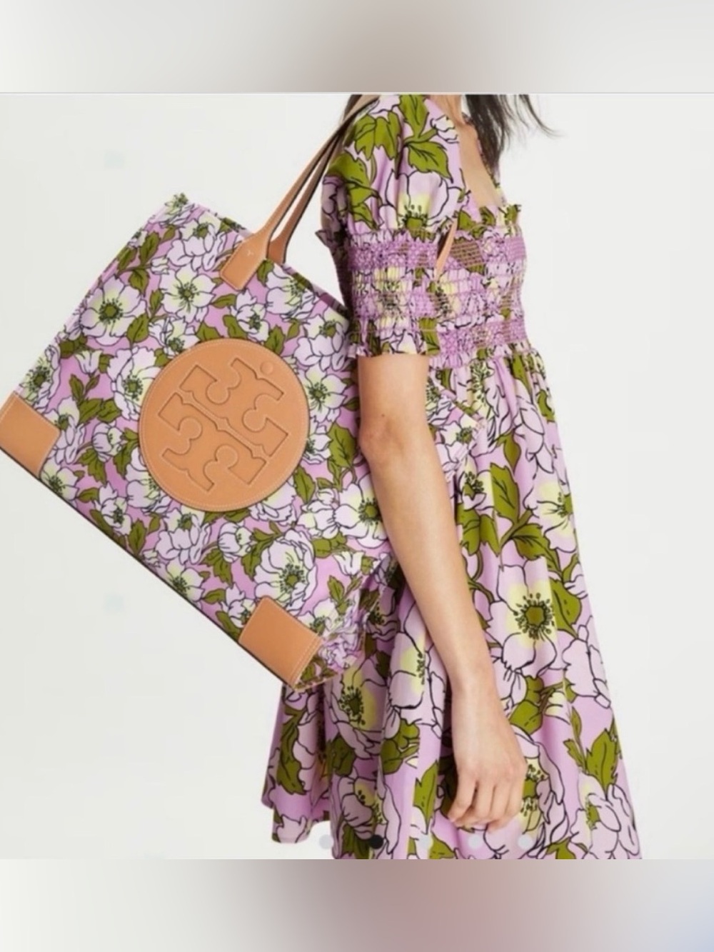 Tory Burch Ella Pink Floral Print Tote with Tan Leather Logo Laptop Sleeve